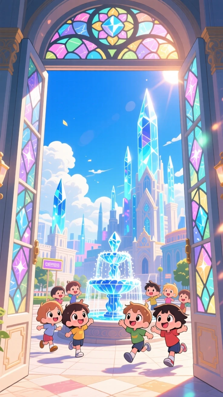 In a glowing magical city plaza, children are playing near a fountain in a crystal-spired city beneath fluffy drifting clouds, bathed in bright midday sun, expression full of brave confidence. Shot as a framed through a window.