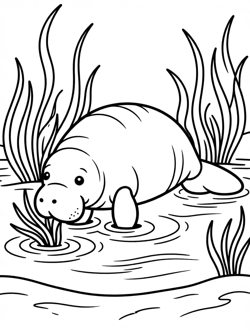 A friendly manatee grazing on sea grass in shallow water