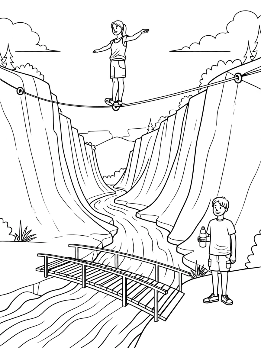A slackliner balancing high above a canyon, with a small wooden bridge crossing a stream nearby.
