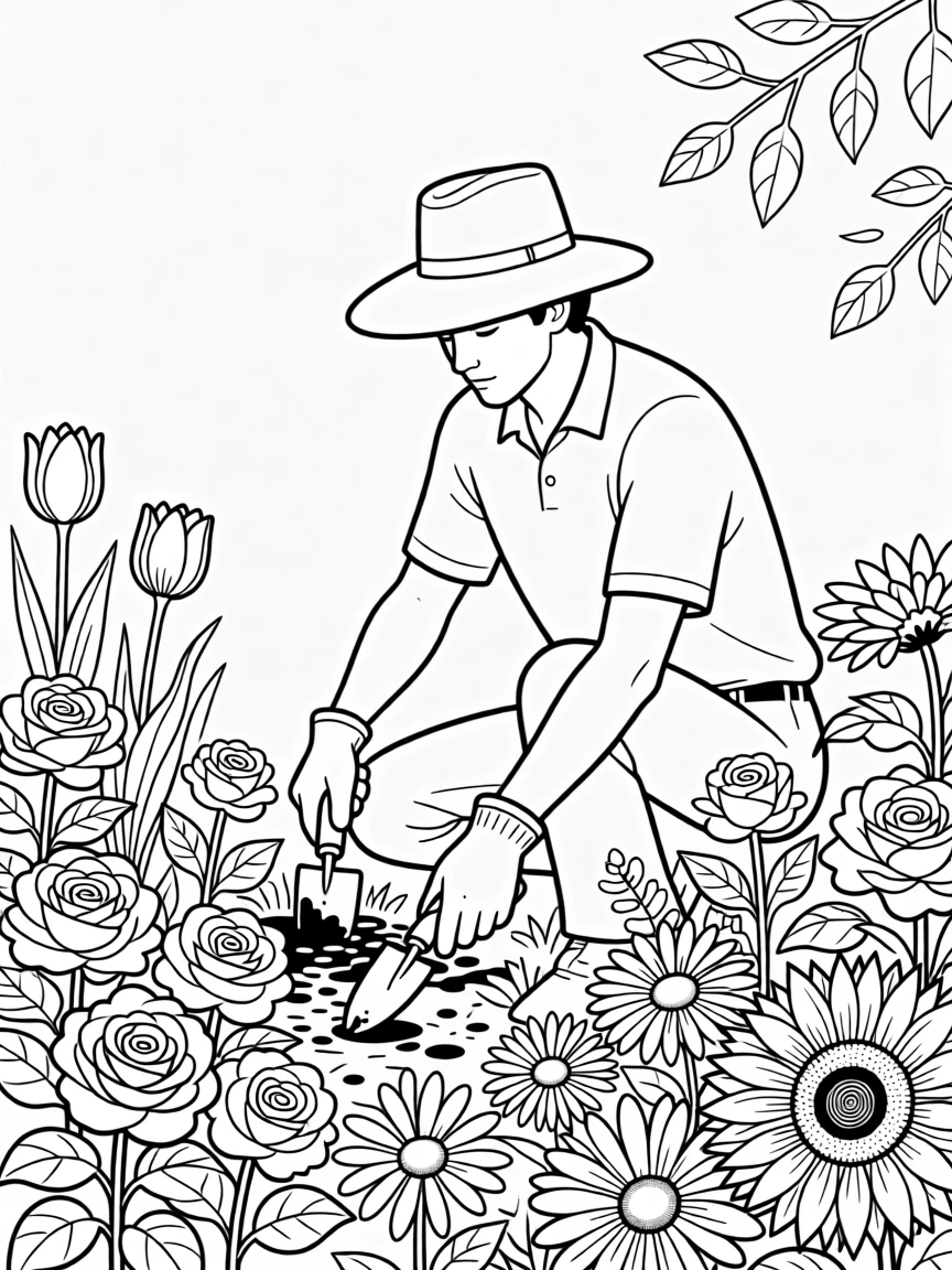 A gardener tending to a vibrant flower bed