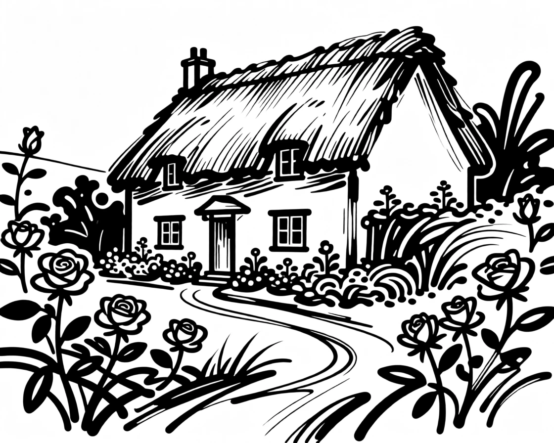 A traditional English countryside cottage with a thatched roof and rose garden.
