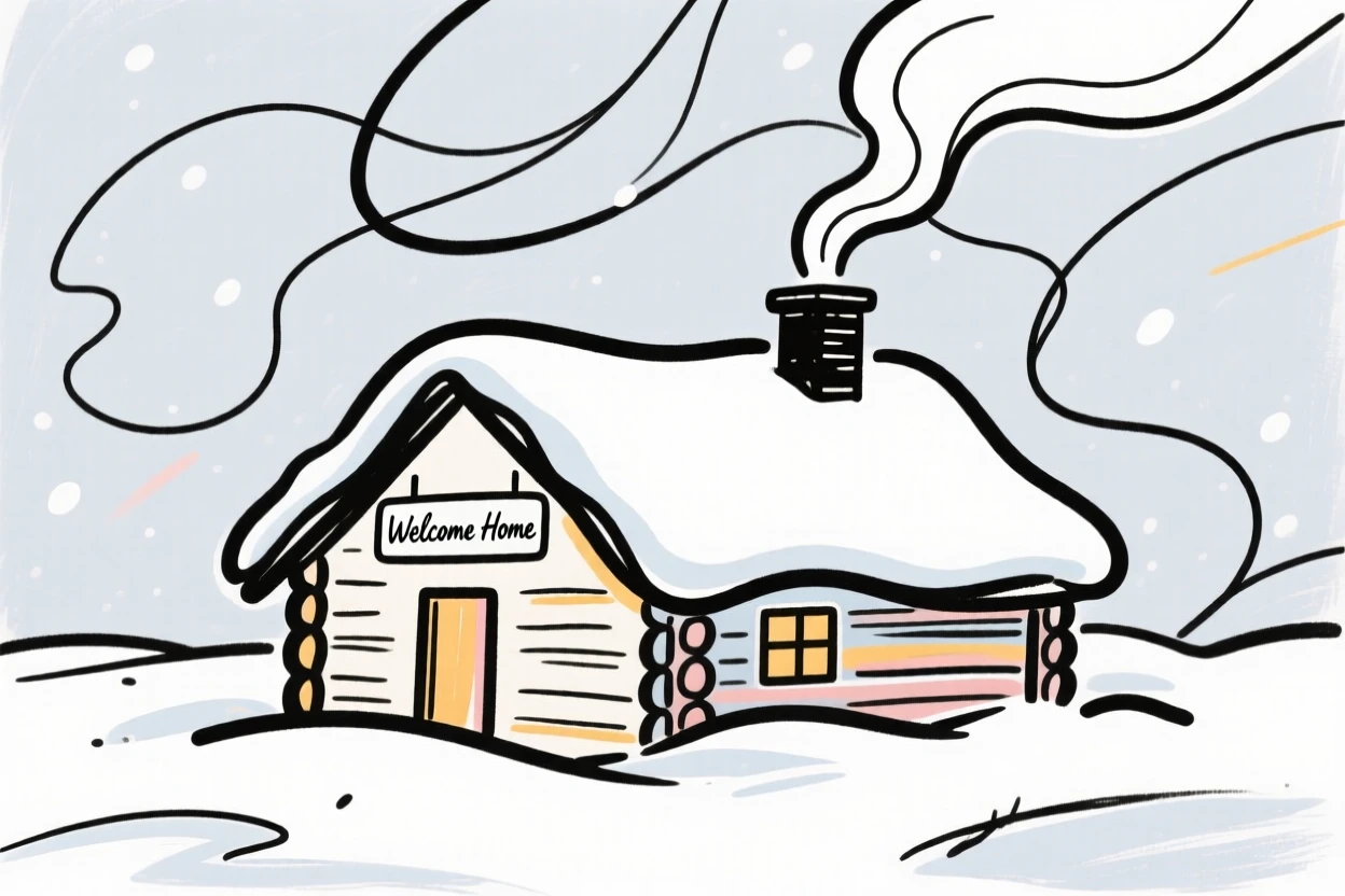 A cozy cabin covered in snow with smoke rising from the chimney.
