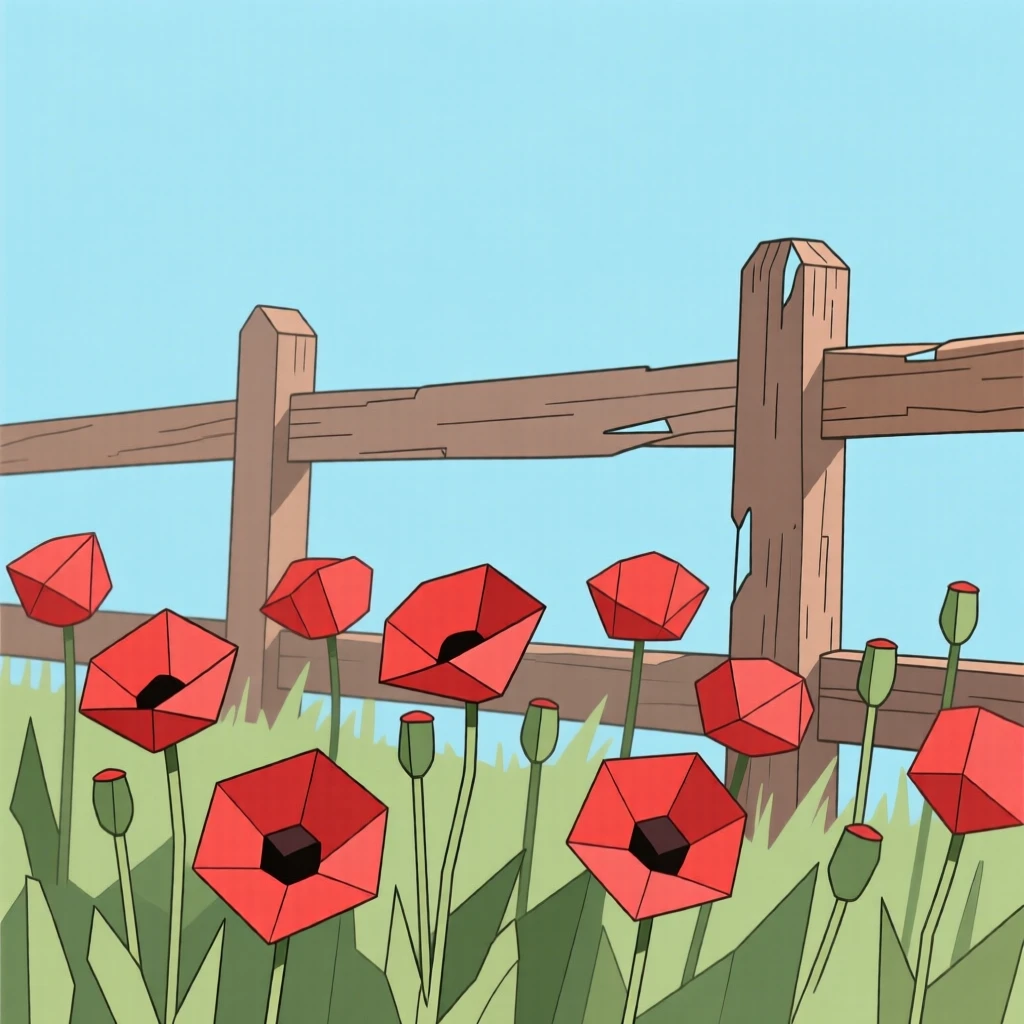 A field of red poppies beside an old fence