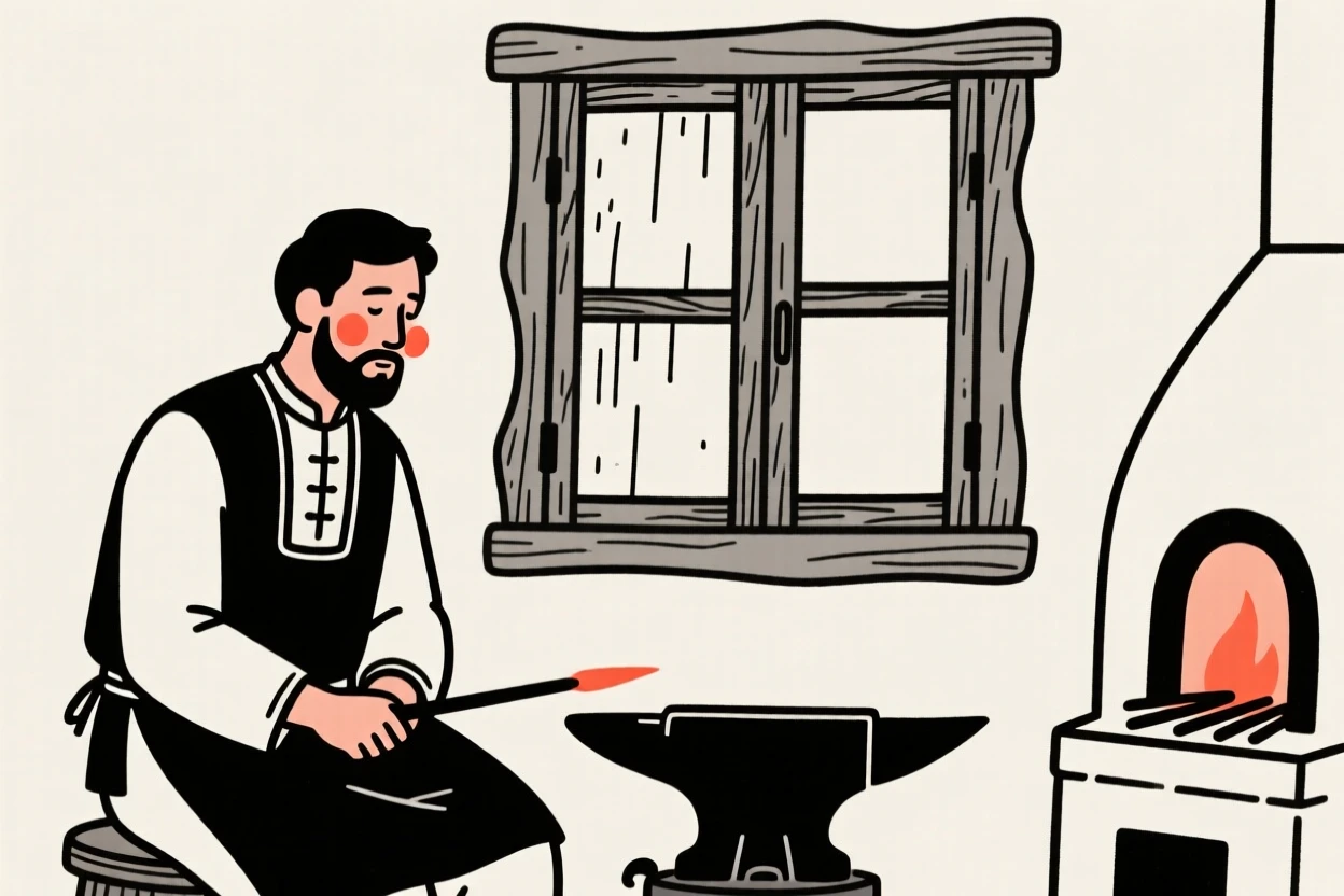 A blacksmith of iranian heritage at the forge, resting in calm stillness, by a rustic farmhouse window.