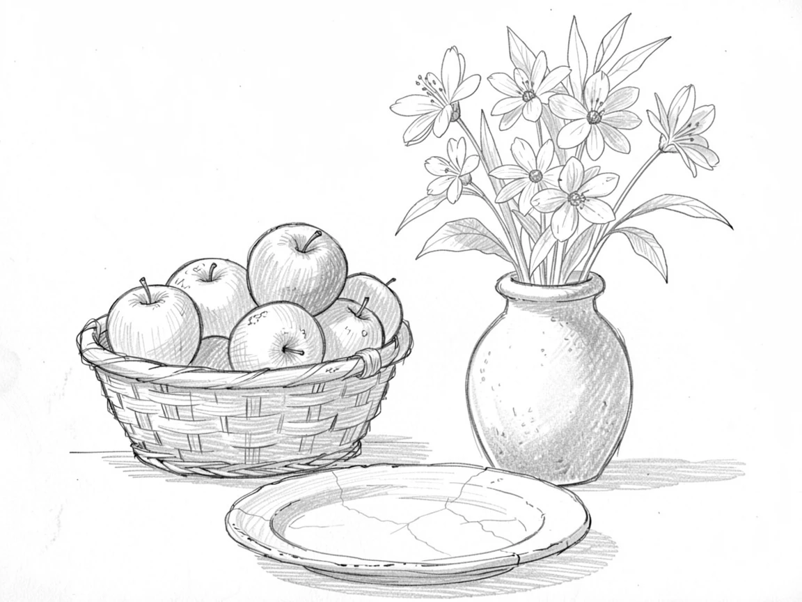 An appetizing still life of a basket of freshly picked apples beside fresh flowers in a vase, with a rustic ceramic plate beneath it.