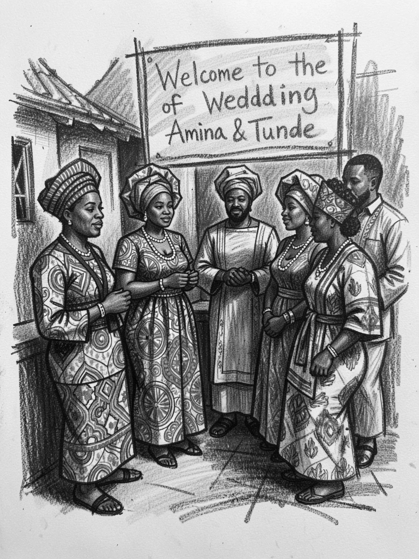 A Nigerian traditional wedding with vibrant aso-ebi attire, on a quiet, peaceful afternoon.