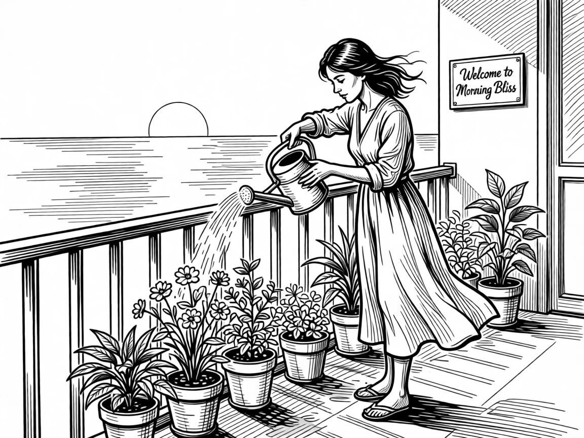 A woman watering potted plants on her apartment balcony at sunrise.
