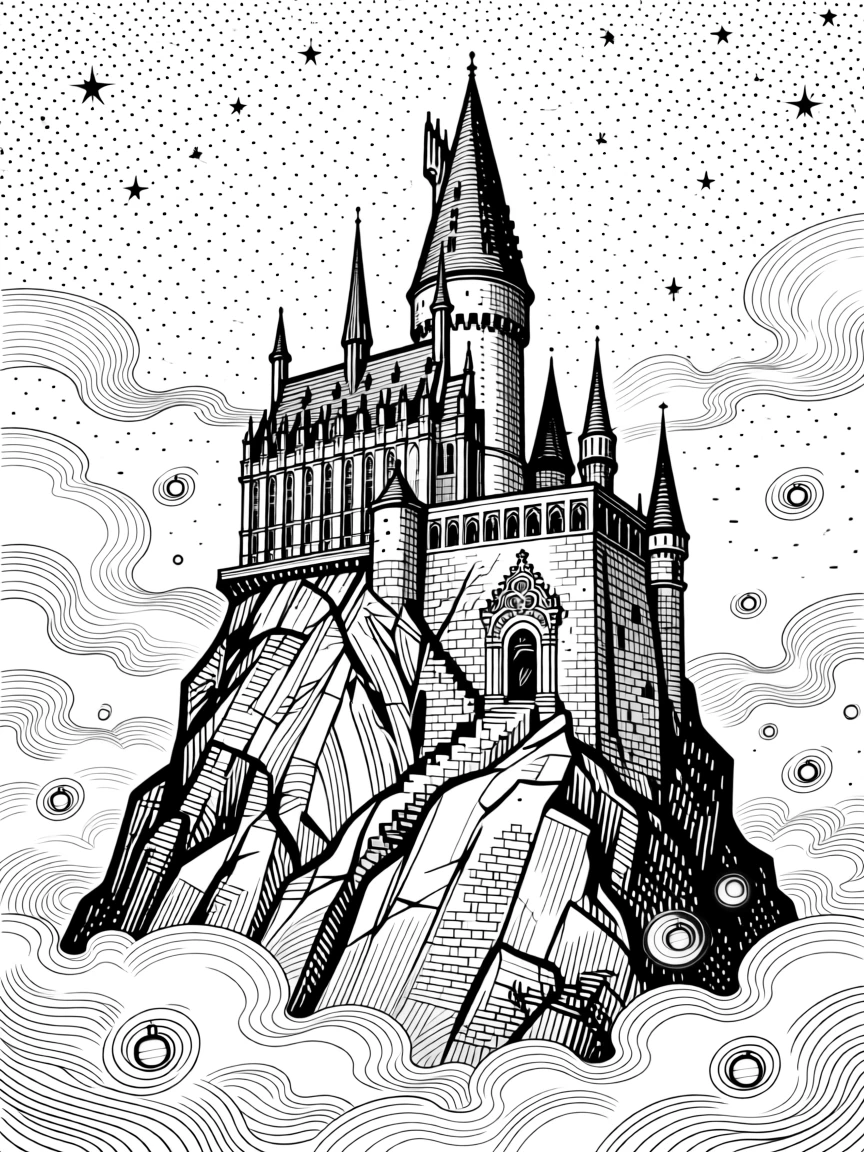 A castle built into the side of a mountain surrounded by swirling mist and starlight, with fireflies swirling like tiny lanterns, forming a quietly wondrous fantasy scene.