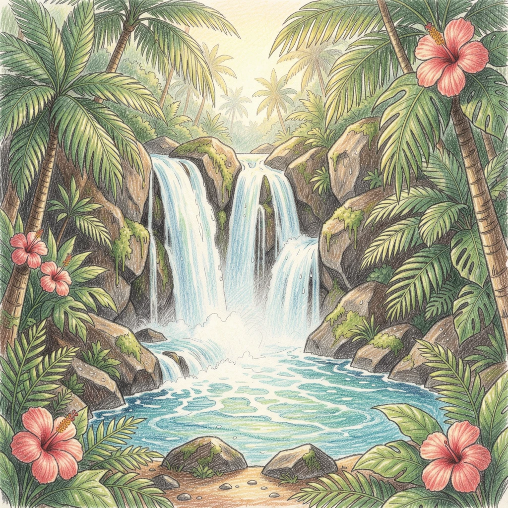 A Hawaiian waterfall cascading into a lush tropical pool, with delicate details that reward a closer look, evoking warmth, beauty, and a lasting sense of wonder.