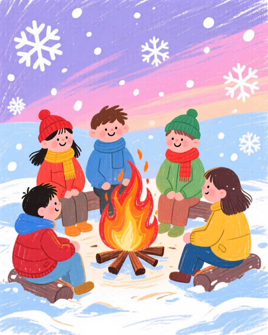 A bonfire surrounded by friends surrounded by falling snow at dusk.