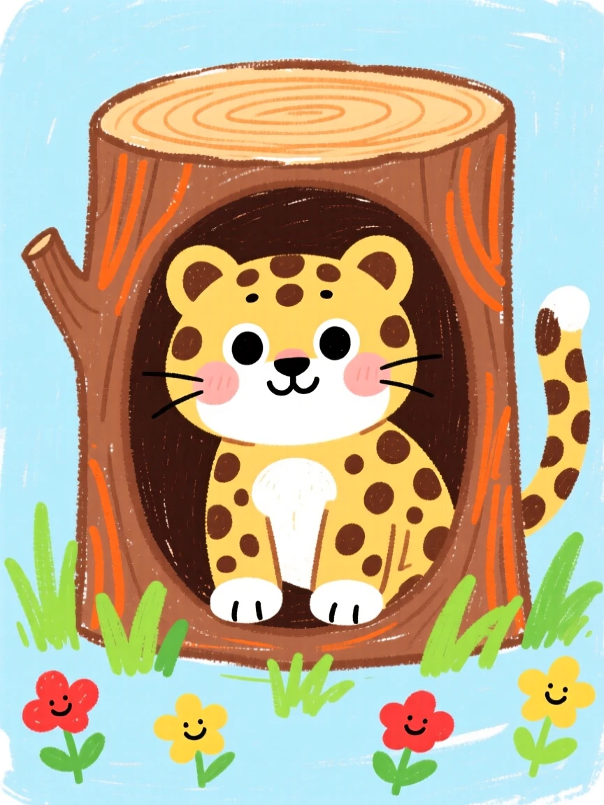 A spotted baby leopard peeking out from a hollow log.