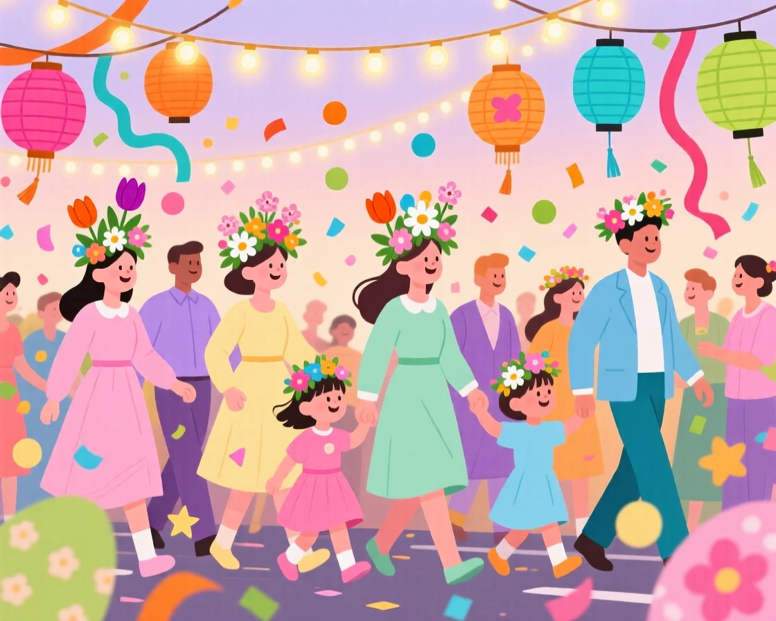 A colorful Easter parade with flower crowns and pastel outfits, surrounded by confetti and colorful paper decorations, arranged with vibrant colors creating a celebratory mood, with warm twinkling lights adding a magical sparkle.
