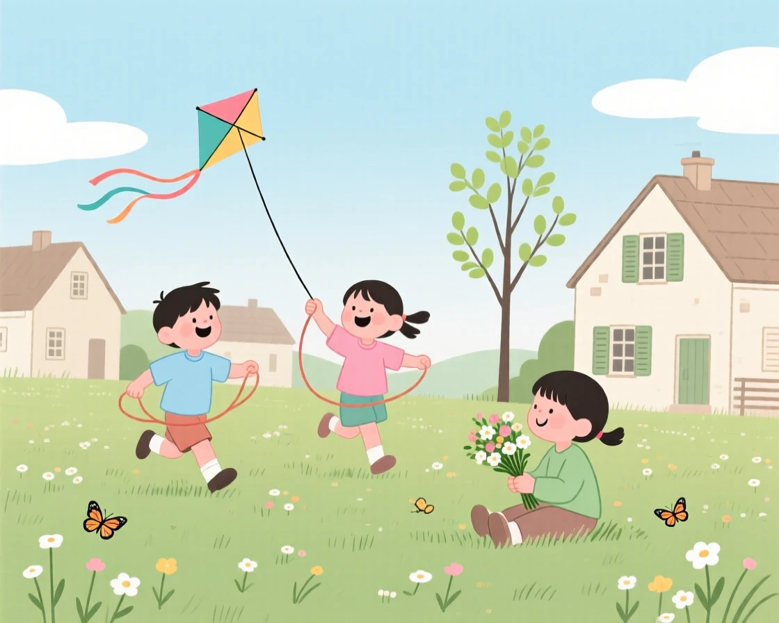 A spring scene of children playing in a small countryside town.