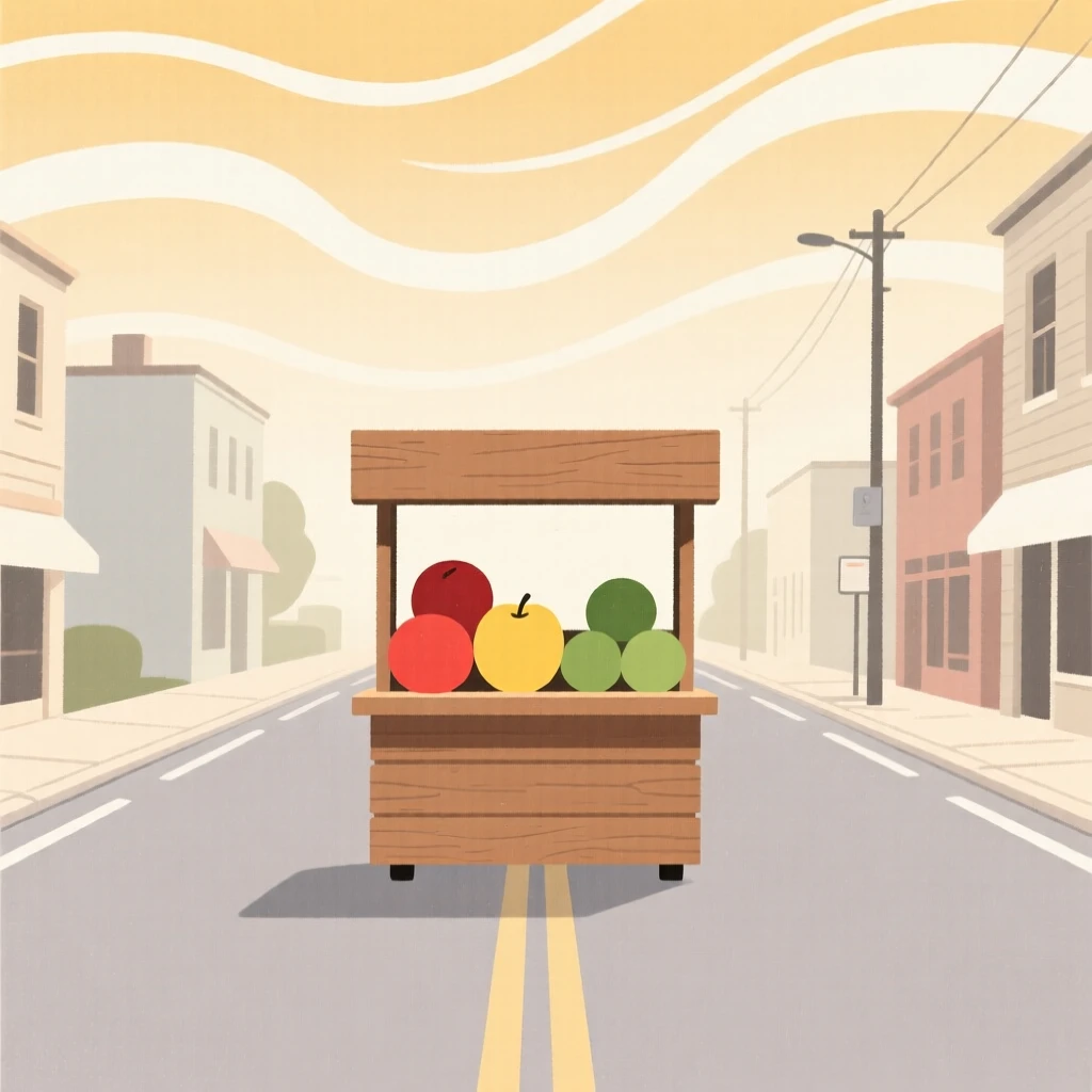 A summer heat haze covering a small town street as a wooden fruit stand appears in the distance, full of quiet transformation.