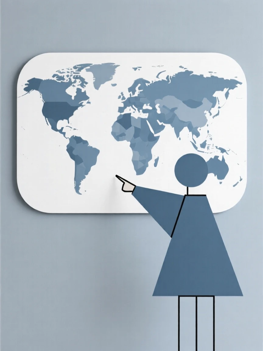 A teacher pointing to a world map