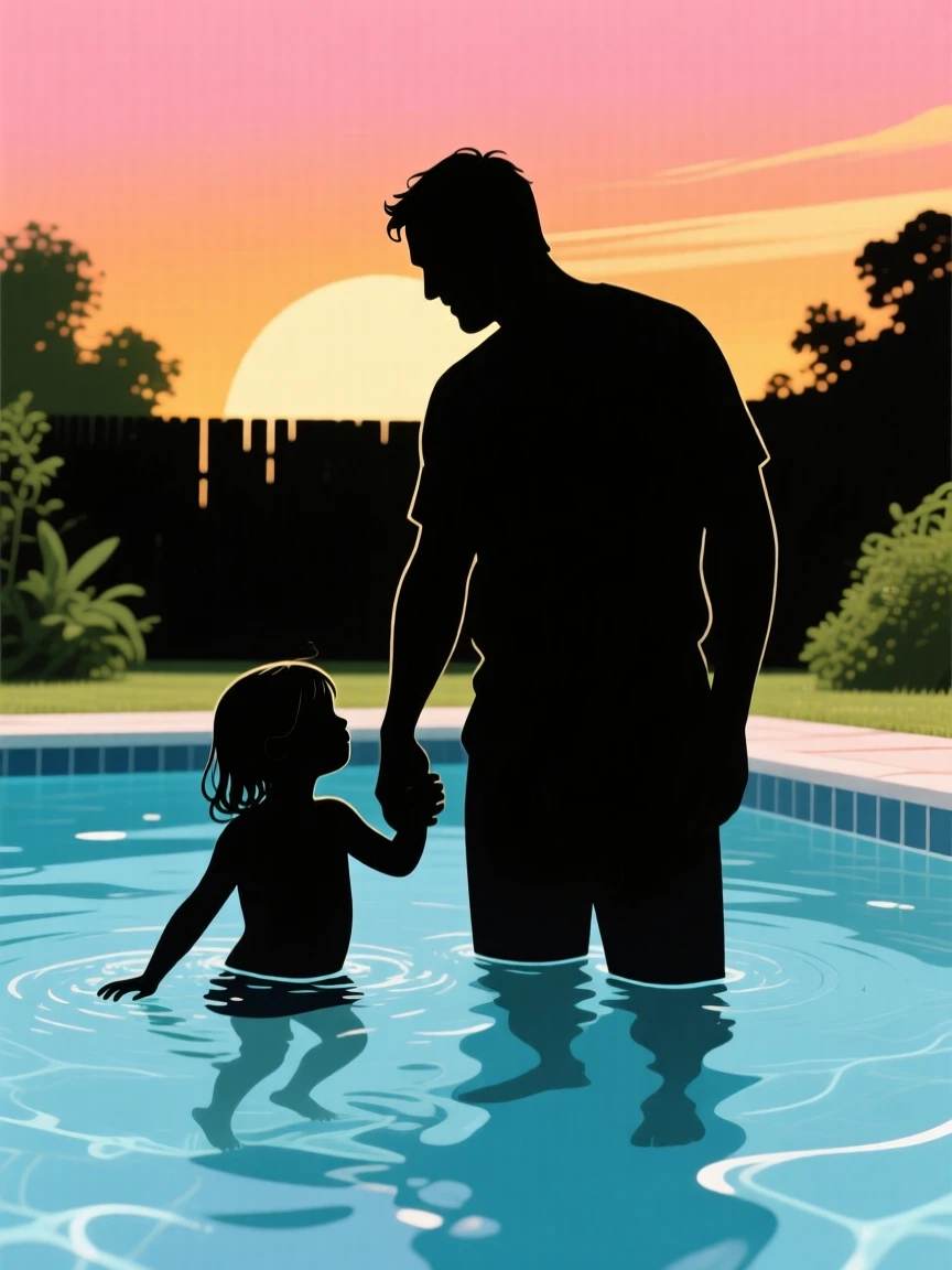 A father teaching his young daughter to swim in a calm backyard pool.