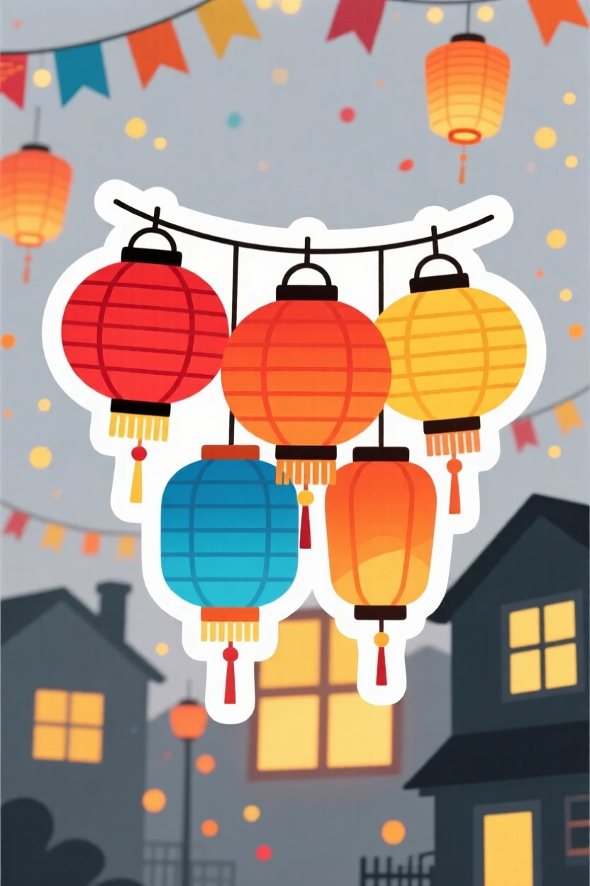 A brightly colored paper lanterns for a Mid-Autumn Festival celebration, with warm light spilling from nearby windows, as the whole neighborhood celebrates together.