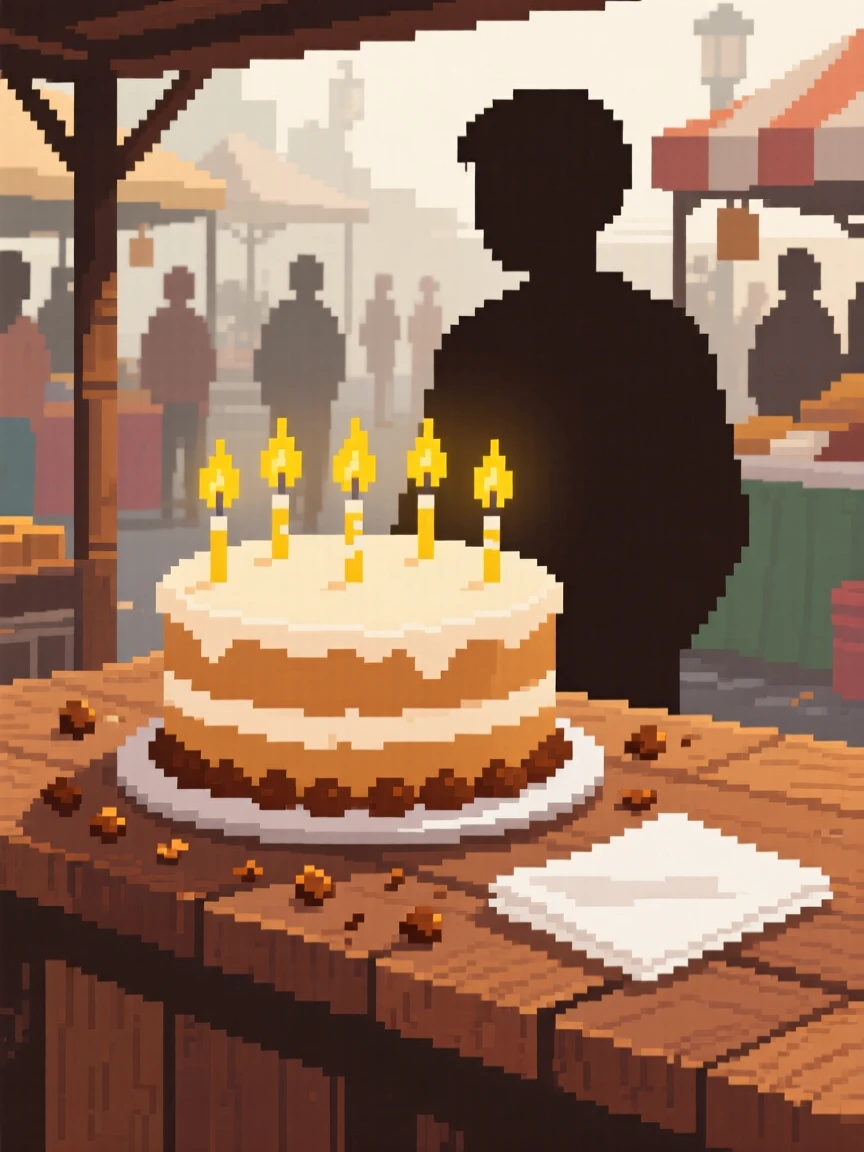 A birthday cake with lit candles surrounded by scattered crumbs and a napkin, at a market stall on a busy morning.