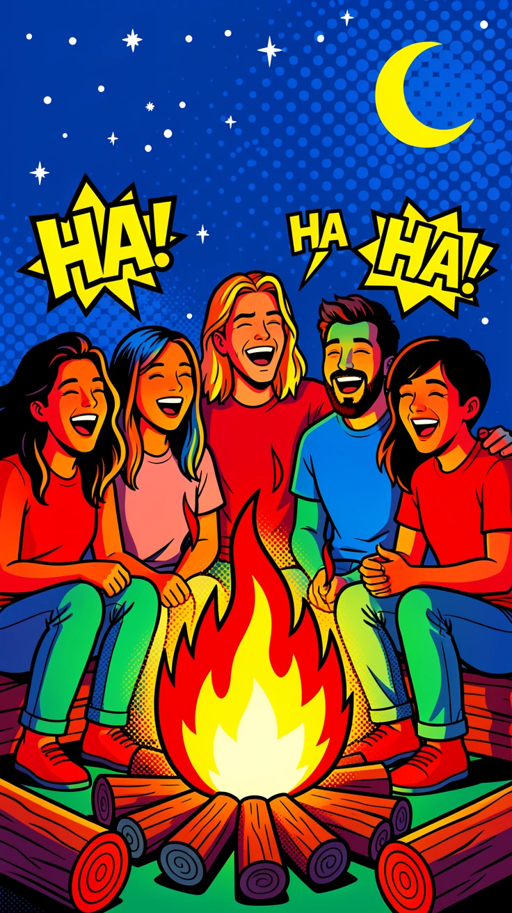 Friends laughing around a campfire under the stars