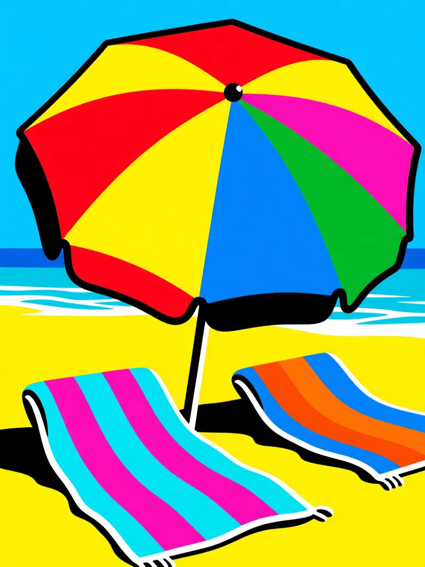 Summer beach umbrella and striped towels