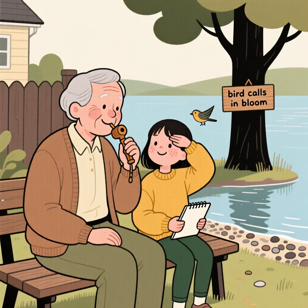 A grandparent shows a curious granddaughter how to identify birds by their calls in the quiet backyard, both taking their time as the water laps gently at the shore.