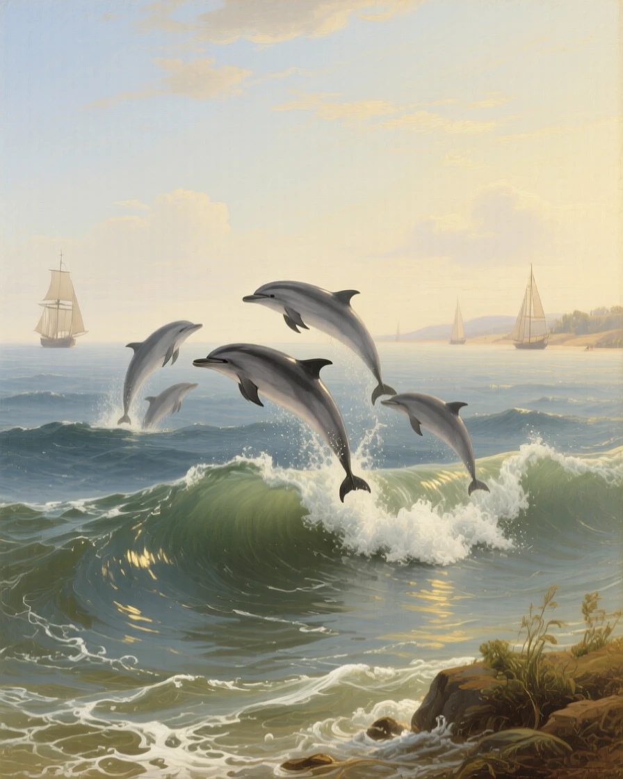 A broad landscape view of a pod of dolphins leaping through gentle ocean waves, in the early 19th century, in a soft summer breeze.