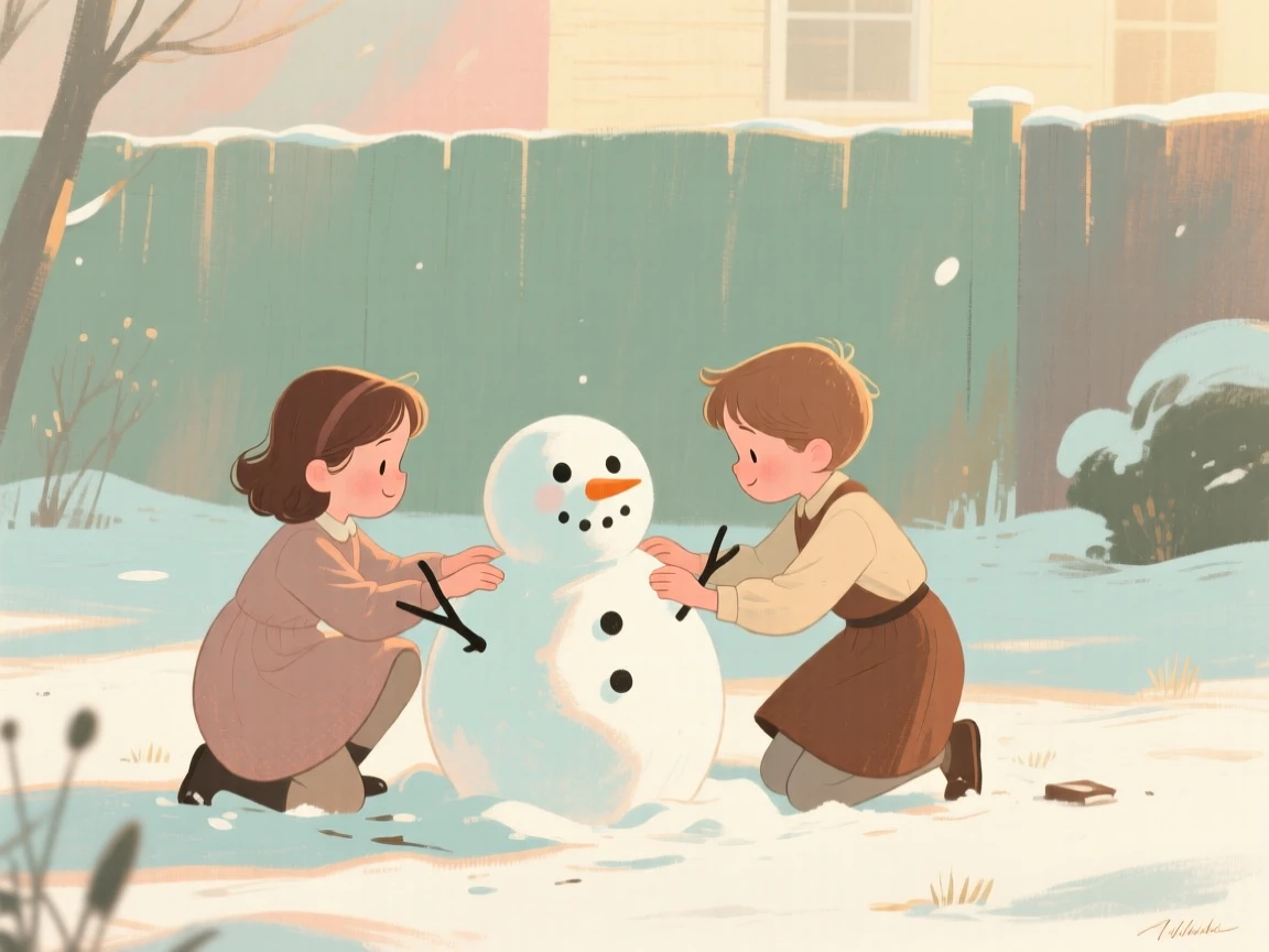 A pair of children building a snowman in a quiet backyard