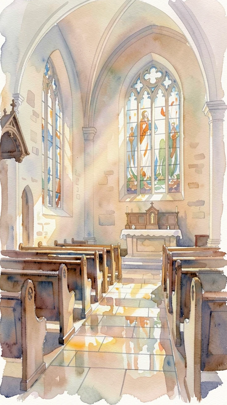 A quiet chapel with light streaming through stained glass with a gentle, restorative stillness.