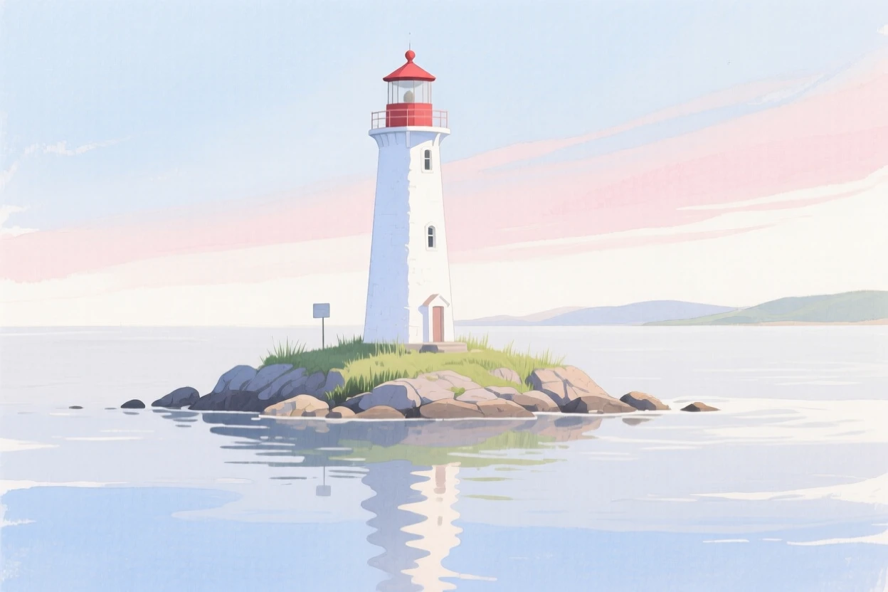 A serene view of a solitary lighthouse point, as calm waters reflect the sky above, evoking calm and quiet reflection