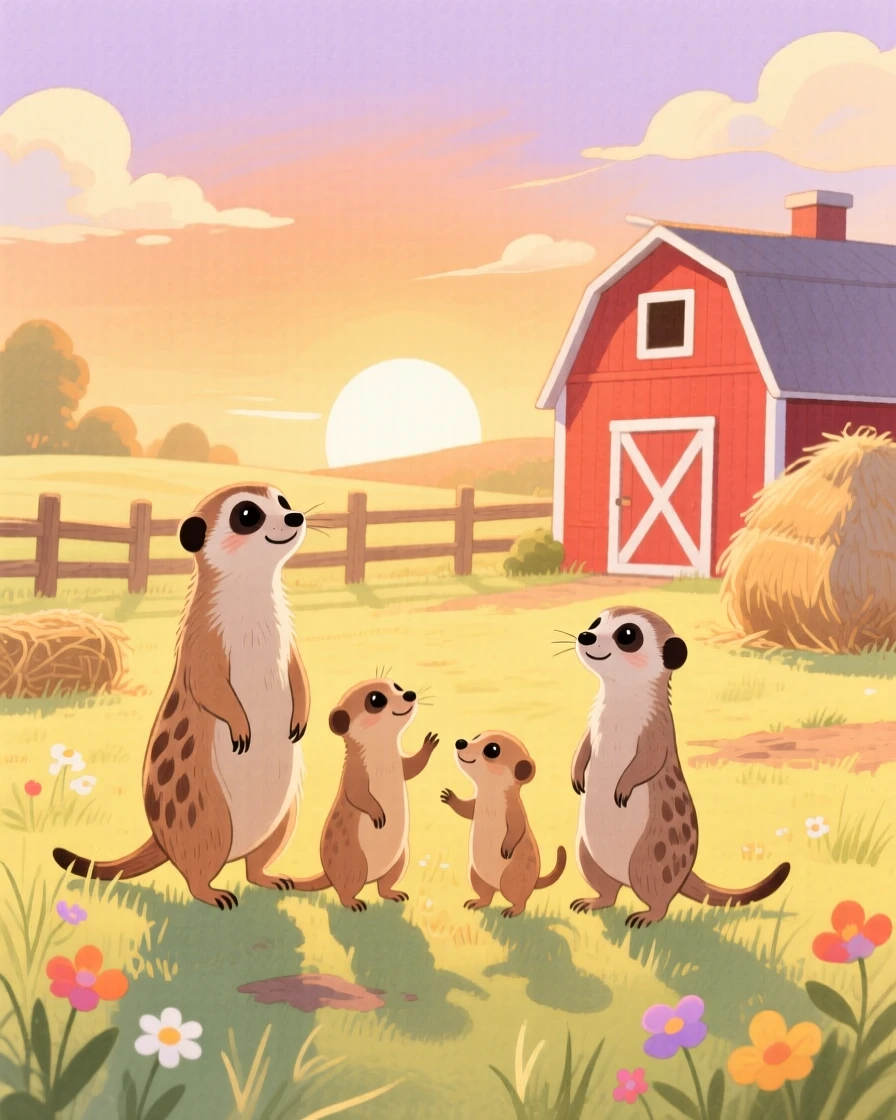 A family of meerkats exploring a sunlit farmyard at sunset.