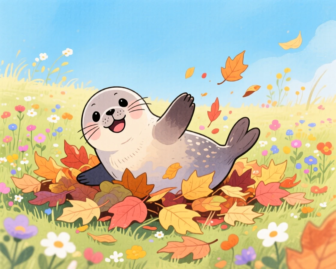 A baby seal playing in a pile of crunchy autumn leaves, set in a meadow bursting with wildflowers under a blue sky, showing unconditional love and loyalty.
