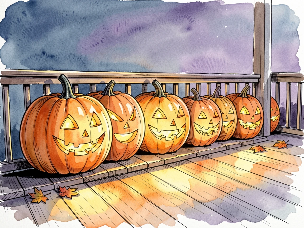 A row of jack-o-lanterns glowing along a porch railing on Halloween night, a festive warmth filling the entire scene.