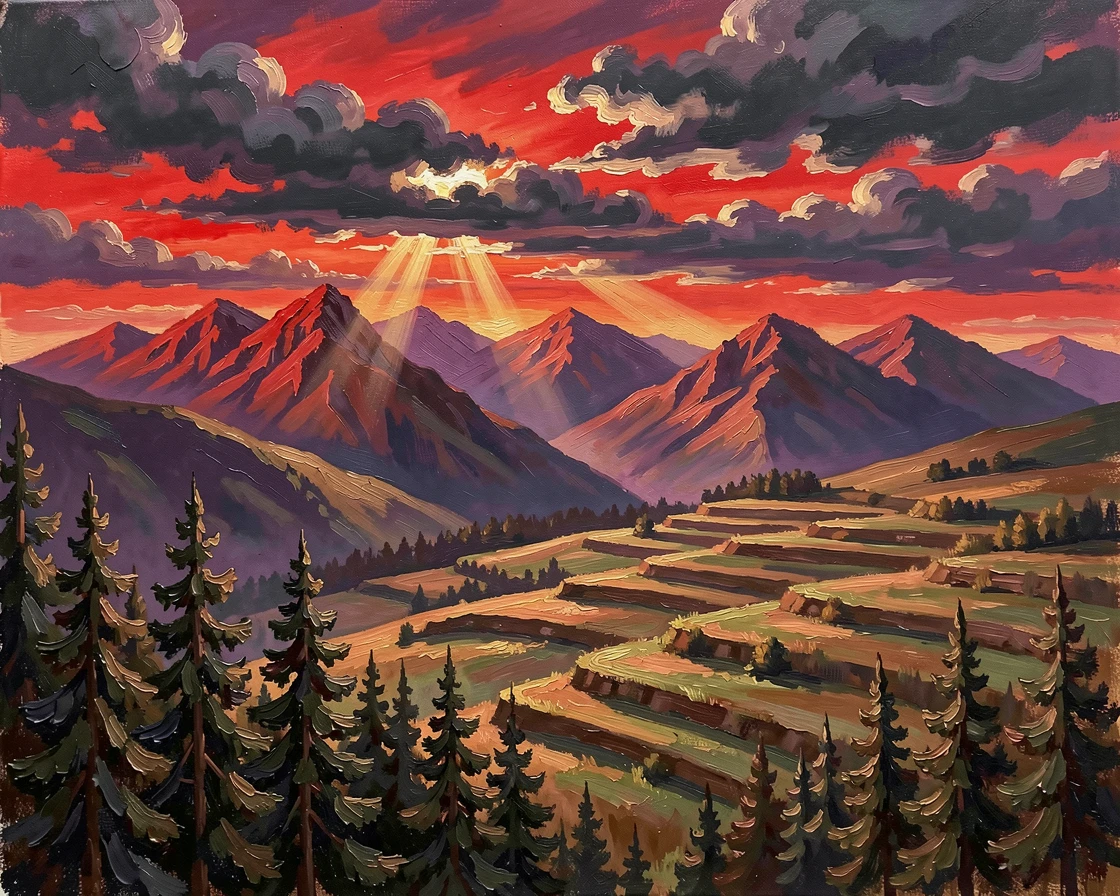 During a fiery sunset that turns the peaks crimson and violet, terraced foothills rising toward distant peaks, at the edge of a dark pine forest, sunlight breaking dramatically through scattered storm clouds.