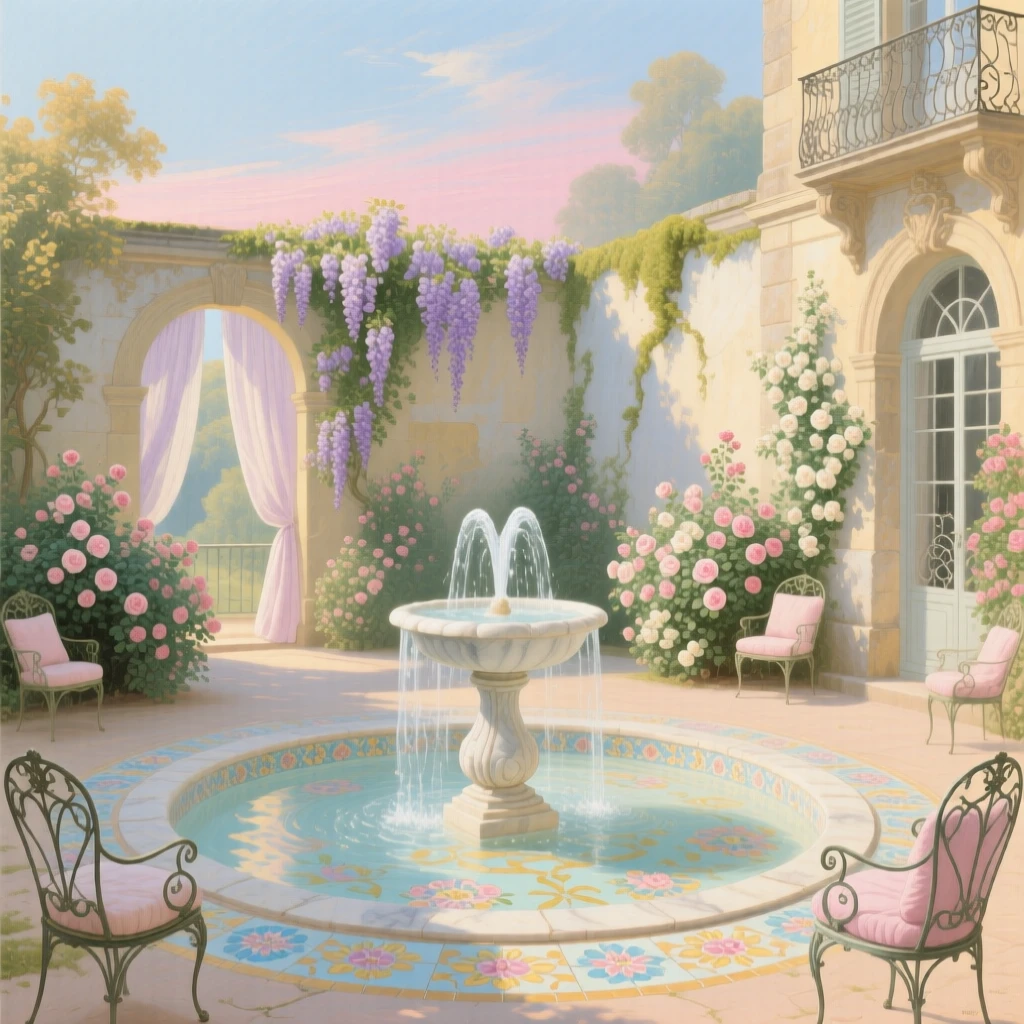 A hidden courtyard where a fountain spills into a mosaic pool  