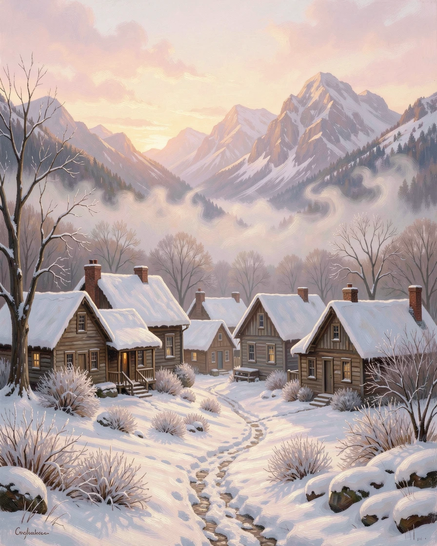 A blanket of fresh snow covers a village rooftop at dawn.