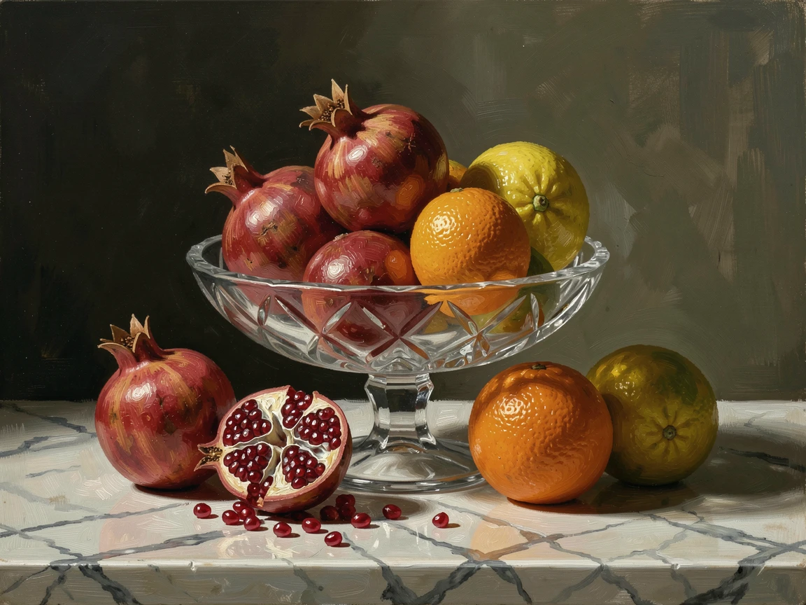 A crystal bowl of pomegranates and citrus arranged on a marble counter, with soft, warm light highlighting every fine texture and detail, designed as a sophisticated piece for upscale interior decor