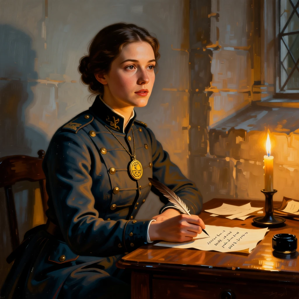 A soldier writing a letter home by candlelight pausing as if interrupted by an unseen presence, set in a candlelit chapel side room, with a cherished heirloom locket resting against her collarbone; the pose is turned gently off-center for a natural, candid feel, suggesting a private world just glimpsed by the viewer.
