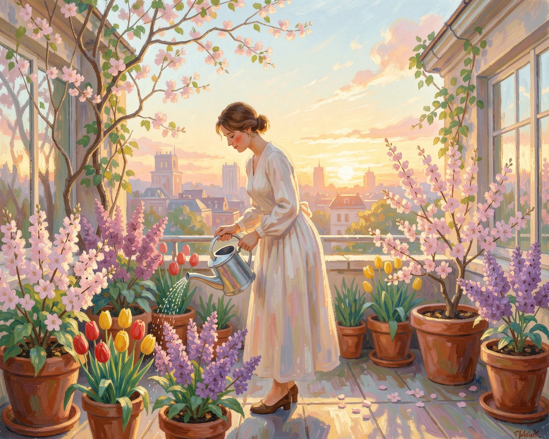 A woman tending to her rooftop garden at golden hour, city skyline glowing softly behind her, just as the first blossoms of spring appear, conveying a feeling of romance and tranquility.