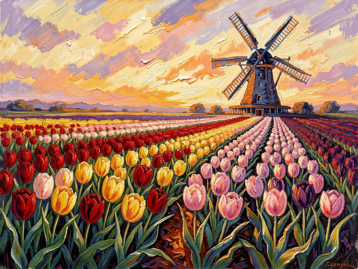 A tulip farm at sunrise, rows of color stretching toward a distant windmill.