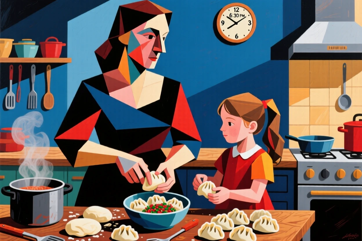 A mother and daughter cooking dumplings side by side in a busy family kitchen.