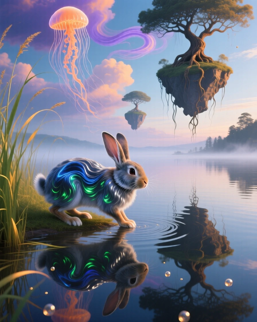 A rabbit whose fur ripples like water in the wind wanders along the edge of a mirror-smooth lake, as the surrounding grass bends toward it in reverence.