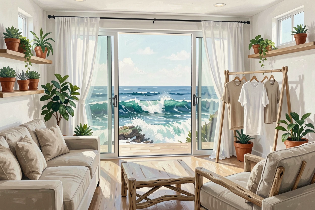 A minimalist beach house interior in Malibu shows sliding glass doors open to crashing waves, neutral linens and driftwood accents throughout the airy space, small everyday details, like drying laundry or potted plants, giving the scene a lived-in warmth.