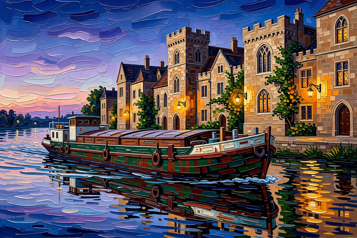 A river barge gliding slowly past centuries-old stone buildings at dusk