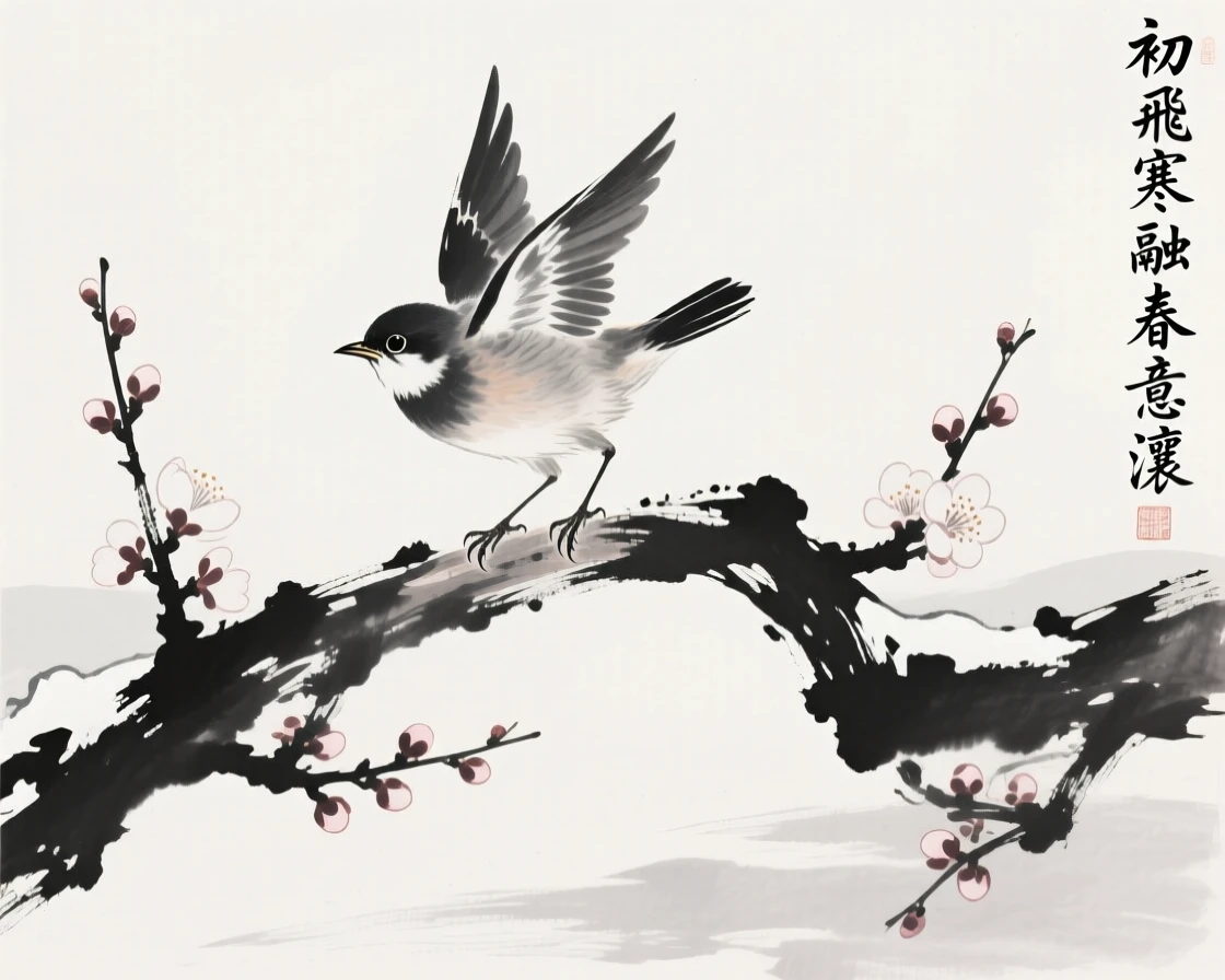 A young bird takes its first flight from a blossoming branch, as the last patches of winter frost melt away.