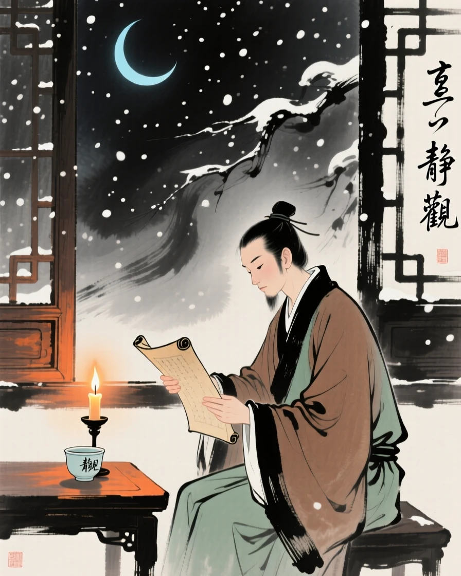 A young scholar reading by candlelight beside a window in a snowstorm, carrying a mood of wistful nostalgia, beneath a crescent moon.