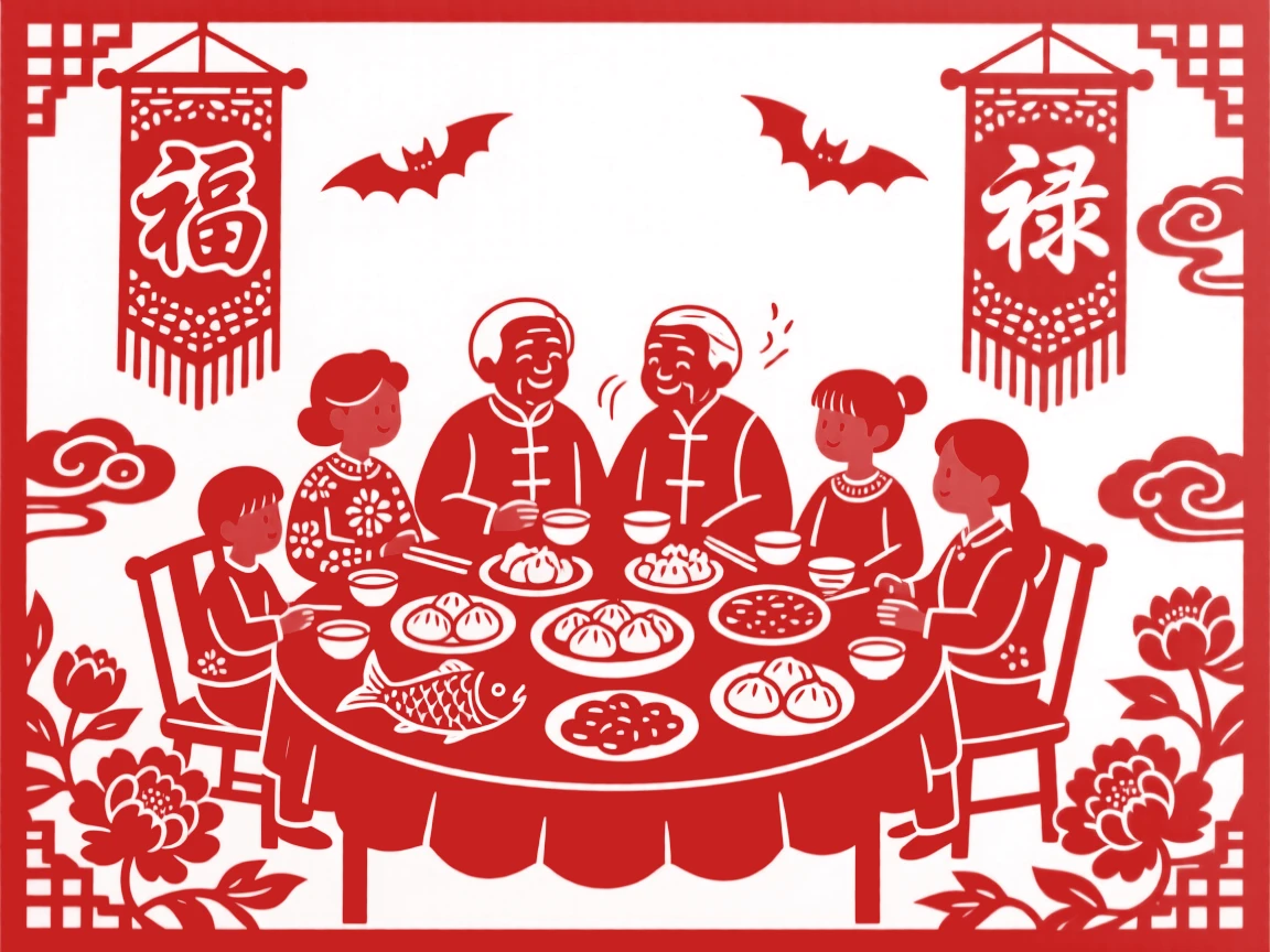 A scene of a family reunion dinner table, as elders share stories of festivals long past, with banners embroidered with characters of good fortune.