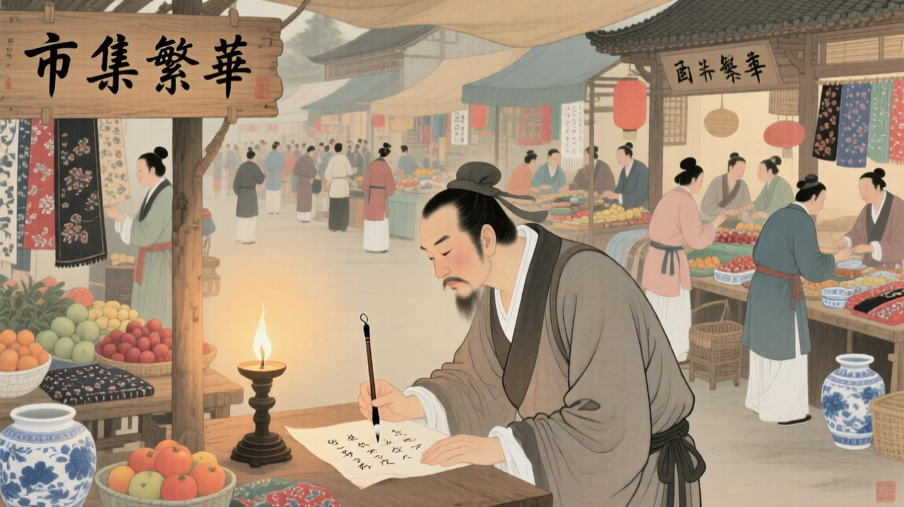 A traveling merchant writing a letter home by lamplight in a marketplace bustling with color and life