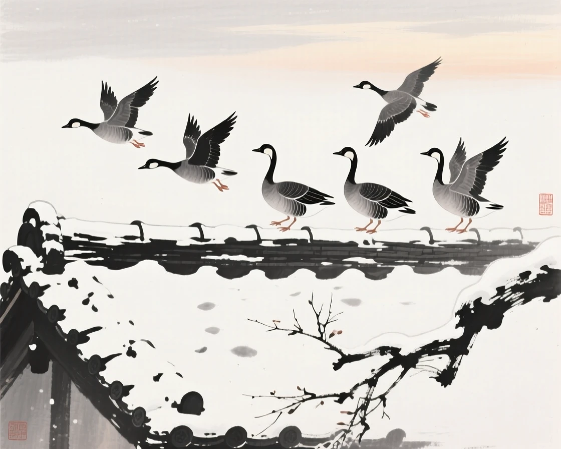 A formation of geese landing gently on a rooftop tile beside a snow-covered branch, silhouetted softly against the fading light, suggesting renewal and the gentle passage of seasons.