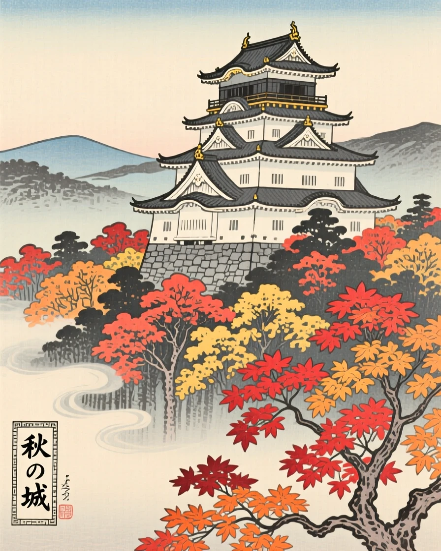 A castle tower rising above a forest of autumn maples.