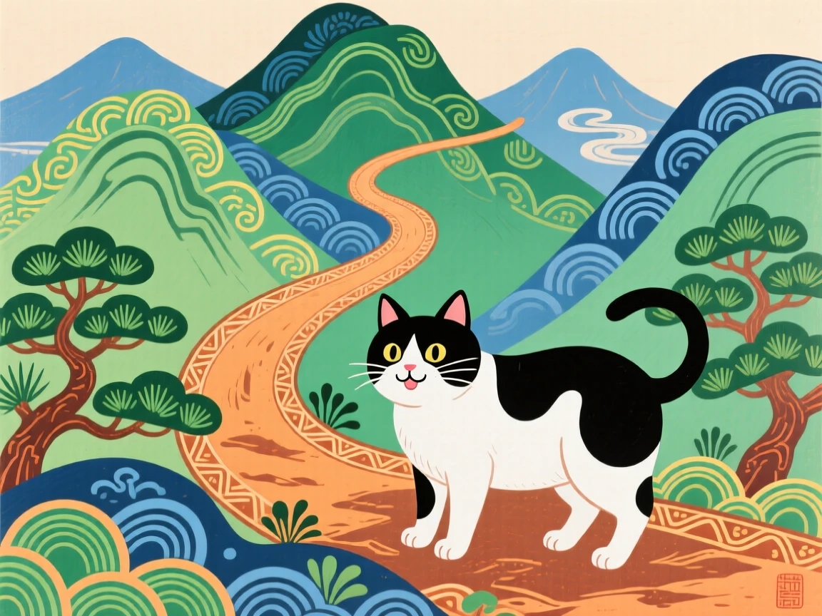 A black and white cat standing proudly beside a mountain trail.